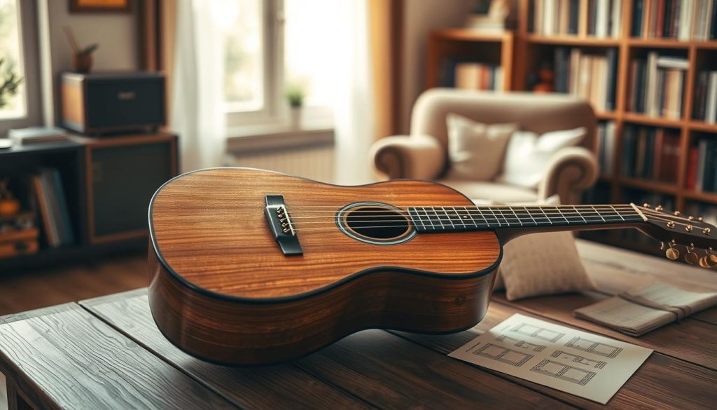A beautifully aged folk guitar, showcasing intricate wood grain and a polished finish, sits prominently in the foreground atop a rustic wooden table. Soft, warm natural light filters in from a nearby window, casting gentle shadows that highlight its curves and details. In the mid-ground, a few music sheets with simple chords are arranged artistically, hinting at the learning process. The background features a cozy room setting, with soft-focus elements like a comfortable armchair and a bookshelf filled with music-related books, enhancing a welcoming atmosphere. The mood conveys a sense of inspiration and calm, perfect for someone considering learning to play the guitar, with a slight focus on inviting warmth and creativity. A beautifully aged folk guitar, showcasing intricate wood grain and a polished finish, sits prominently in the foreground atop a rustic wooden table. Soft, warm natural light filters in from a nearby window, casting gentle shadows that highlight its curves and details. In the mid-ground, a few music sheets with simple chords are arranged artistically, hinting at the learning process. The background features a cozy room setting, with soft-focus elements like a comfortable armchair and a bookshelf filled with music-related books, enhancing a welcoming atmosphere. The mood conveys a sense of inspiration and calm, perfect for someone considering learning to play the guitar, with a slight focus on inviting warmth and creativity.