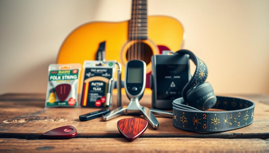 A beautifully arranged collection of essential folk guitar accessories set on a rustic wooden table. In the foreground, a polished mahogany guitar pick, a set of colorful guitar strings in their packaging, and a high-quality capo glimmer softly. In the middle, a sleek tuner with a bright display, a set of detailed guitar maintenance tools, and a stylish strap with intricate patterns. In the background, a softly blurred acoustic guitar rests against a light-colored wall, illuminated by warm, natural light filtering through a nearby window, creating a cozy and inviting atmosphere. The overall mood is encouraging and inspirational for new learners. Capture this image from a slightly elevated angle to provide depth and organization to the accessories, ensuring a clear focus on each item. A beautifully arranged collection of essential folk guitar accessories set on a rustic wooden table. In the foreground, a polished mahogany guitar pick, a set of colorful guitar strings in their packaging, and a high-quality capo glimmer softly. In the middle, a sleek tuner with a bright display, a set of detailed guitar maintenance tools, and a stylish strap with intricate patterns. In the background, a softly blurred acoustic guitar rests against a light-colored wall, illuminated by warm, natural light filtering through a nearby window, creating a cozy and inviting atmosphere. The overall mood is encouraging and inspirational for new learners. Capture this image from a slightly elevated angle to provide depth and organization to the accessories, ensuring a clear focus on each item.