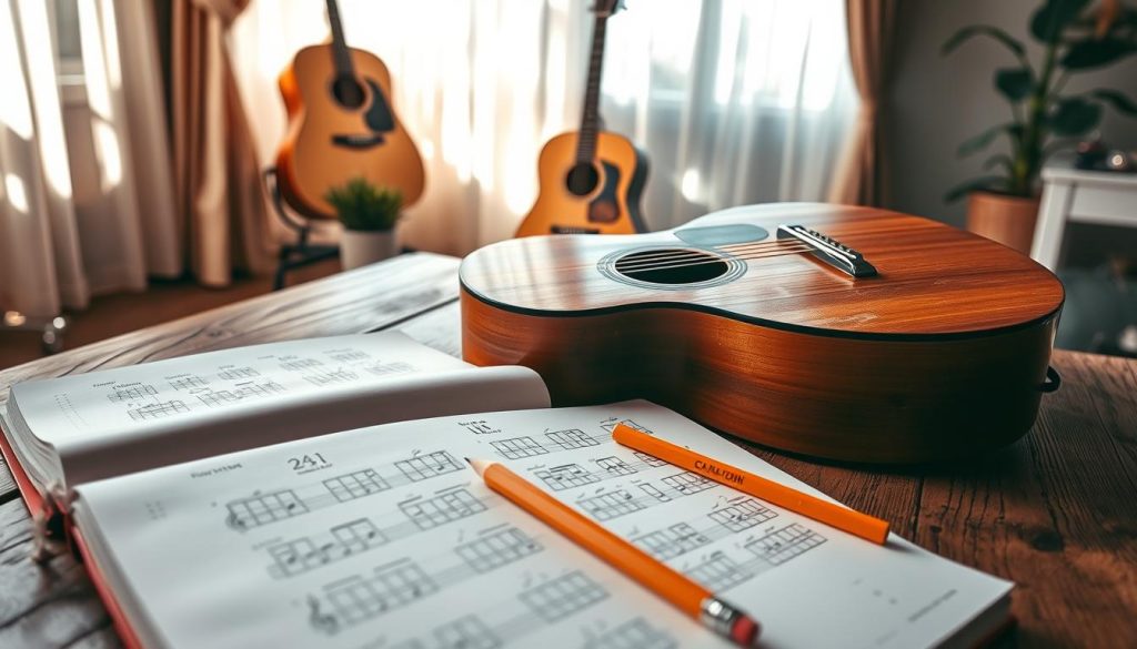 A beautifully arranged wooden acoustic guitar is the focal point, resting on a rustic wooden table. In the foreground, an open music notebook is scattered with handwritten chord diagrams for basic guitar chords, with a soft pencil lying beside it. The middle ground features a cozy room setting, with soft natural light filtering through a window adorned with sheer curtains, casting gentle shadows. In the background, a guitar stand holds another guitar, while a potted plant adds a touch of greenery. The ambiance is warm and inviting, evoking a sense of creativity and learning. The scene captures the essence of mastering guitar chords with an inspiring and focused mood, ideal for beginners. A beautifully arranged wooden acoustic guitar is the focal point, resting on a rustic wooden table. In the foreground, an open music notebook is scattered with handwritten chord diagrams for basic guitar chords, with a soft pencil lying beside it. The middle ground features a cozy room setting, with soft natural light filtering through a window adorned with sheer curtains, casting gentle shadows. In the background, a guitar stand holds another guitar, while a potted plant adds a touch of greenery. The ambiance is warm and inviting, evoking a sense of creativity and learning. The scene captures the essence of mastering guitar chords with an inspiring and focused mood, ideal for beginners.