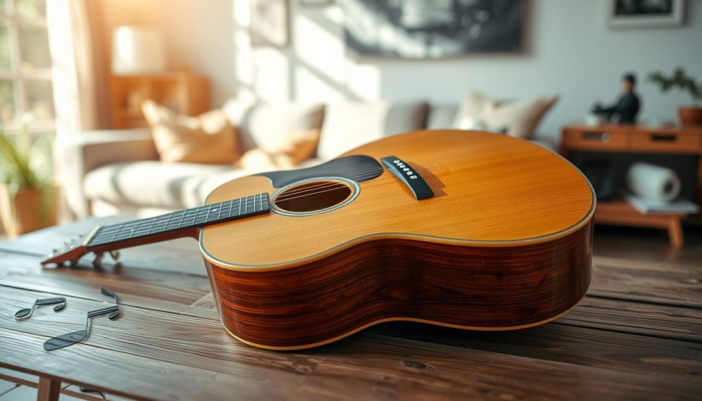 A beautifully crafted electro-acoustic guitar resting on a rustic wooden table. In the foreground, showcase the guitar’s intricate details: the polished wood grain, delicate sound hole, and inlaid fretboard, emphasizing its blend of acoustic warmth and modern electronics. In the middle ground, soft sunlight casts gentle shadows, creating a warm and inviting atmosphere. The background features a blurred cozy living room with subtle music notes floating in the air, hinting at a vibrant musical environment. Use soft, natural lighting to highlight the guitar's features, and capture the scene from a slightly elevated angle to provide depth. The overall mood should evoke creativity and inspiration, encouraging the viewer to imagine playing music. A beautifully crafted electro-acoustic guitar resting on a rustic wooden table. In the foreground, showcase the guitar’s intricate details: the polished wood grain, delicate sound hole, and inlaid fretboard, emphasizing its blend of acoustic warmth and modern electronics. In the middle ground, soft sunlight casts gentle shadows, creating a warm and inviting atmosphere. The background features a blurred cozy living room with subtle music notes floating in the air, hinting at a vibrant musical environment. Use soft, natural lighting to highlight the guitar's features, and capture the scene from a slightly elevated angle to provide depth. The overall mood should evoke creativity and inspiration, encouraging the viewer to imagine playing music.