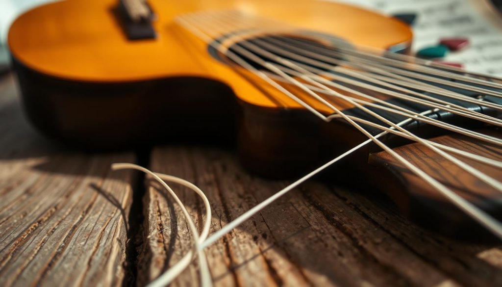 A close-up of a set of nylon guitar strings laid out against a rustic wooden surface, with intricate details visible in the texture and sheen of the strings. In the foreground, a few strings are slightly coiled, showcasing their flexibility and tension. In the middle ground, an acoustic guitar's body is partially visible, emphasizing the relationship between the strings and the instrument. The background features a softly blurred music sheet and vintage guitar picks, creating a warm and inviting atmosphere. The lighting is natural and soft, casting gentle shadows to enhance the depth of the scene. The mood is peaceful and reflective, capturing the essence of playing folk music.