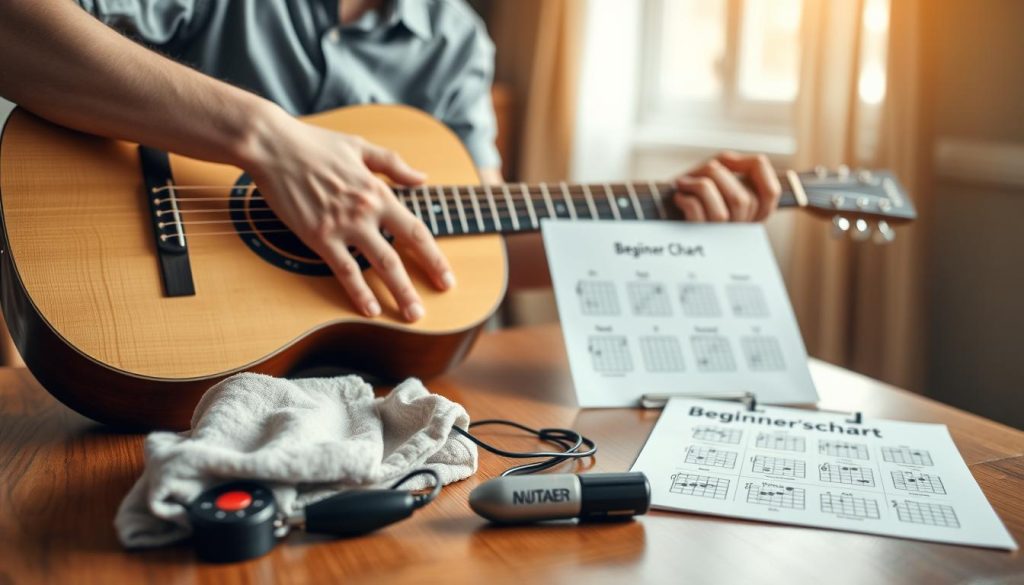 A close-up view of a beginner's acoustic guitar setup on a wooden table, featuring a beautifully crafted folk guitar with a light finish, showing detailed strings, and frets. In the foreground, there are several essential accessories for beginners: a soft cloth, tuner, and a beginner's chord chart. The middle ground includes a pair of hands gently holding the guitar in a playing position, dressed in casual but neat attire, symbolizing a beginner's stance. The background is softly blurred, showcasing a warm, inviting room with natural light filtering through a window, casting gentle shadows. The atmosphere is encouraging and focused, ideal for fostering a love of music in new players.