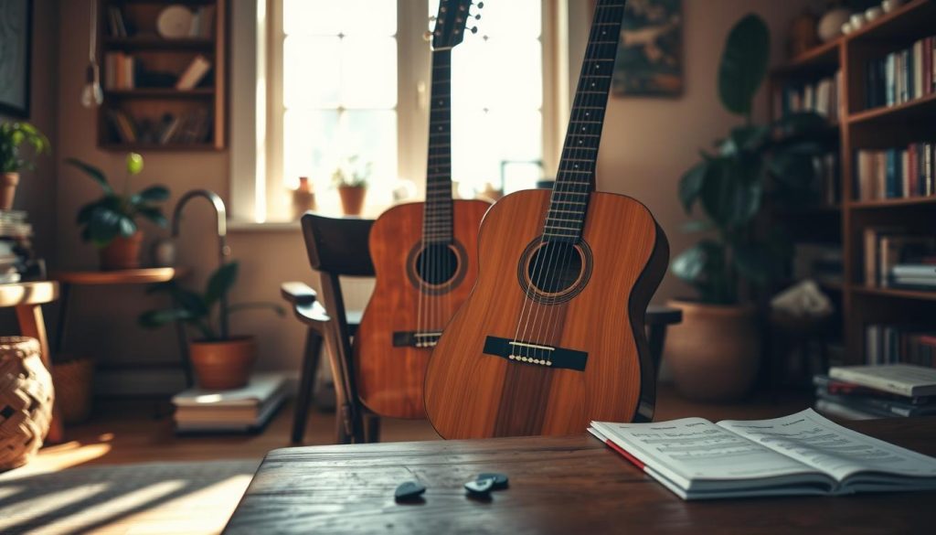 A cozy, sunlit room filled with warm earthy tones, showcasing a beautifully crafted folk guitar prominently in the foreground. The guitar features intricate wood grain patterns and a gently curved body, leaning against a rustic wooden chair. In the middle ground, a wooden table is adorned with music sheets and a pair of beginner guitar picks, hinting at the learning process. In the background, a large window lets in soft natural light, casting gentle shadows and creating a serene atmosphere. The room is decorated with plants and shelves filled with books, enhancing the inviting mood. Use a slightly shallow depth of field to emphasize the guitar while softly blurring the background. Ideal for a peaceful, inspiring beginning to a musical journey. A cozy, sunlit room filled with warm earthy tones, showcasing a beautifully crafted folk guitar prominently in the foreground. The guitar features intricate wood grain patterns and a gently curved body, leaning against a rustic wooden chair. In the middle ground, a wooden table is adorned with music sheets and a pair of beginner guitar picks, hinting at the learning process. In the background, a large window lets in soft natural light, casting gentle shadows and creating a serene atmosphere. The room is decorated with plants and shelves filled with books, enhancing the inviting mood. Use a slightly shallow depth of field to emphasize the guitar while softly blurring the background. Ideal for a peaceful, inspiring beginning to a musical journey.