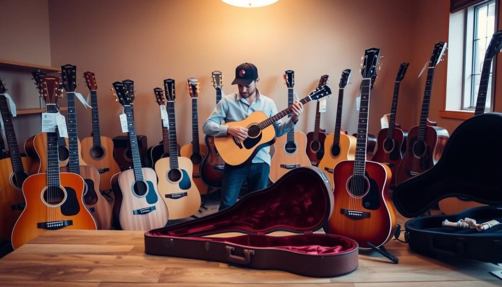 A cozy, well-lit room featuring a variety of acoustic guitars displayed on stands, showcasing different price ranges to represent budget options. The foreground includes a wooden table with open guitar cases, some containing mid-range guitars and others with more affordable options, with price tags clearly visible. In the middle, a person dressed in casual yet professional attire examines a guitar, emphasizing thoughtful choice. The background features a warm, inviting atmosphere, with soft, diffused lighting illuminating the instruments, creating a sense of focus and contemplation. The overall mood is one of exploration and informed decision-making, suitable for anyone looking to choose a folk guitar based on their budget and learning goals. A cozy, well-lit room featuring a variety of acoustic guitars displayed on stands, showcasing different price ranges to represent budget options. The foreground includes a wooden table with open guitar cases, some containing mid-range guitars and others with more affordable options, with price tags clearly visible. In the middle, a person dressed in casual yet professional attire examines a guitar, emphasizing thoughtful choice. The background features a warm, inviting atmosphere, with soft, diffused lighting illuminating the instruments, creating a sense of focus and contemplation. The overall mood is one of exploration and informed decision-making, suitable for anyone looking to choose a folk guitar based on their budget and learning goals.