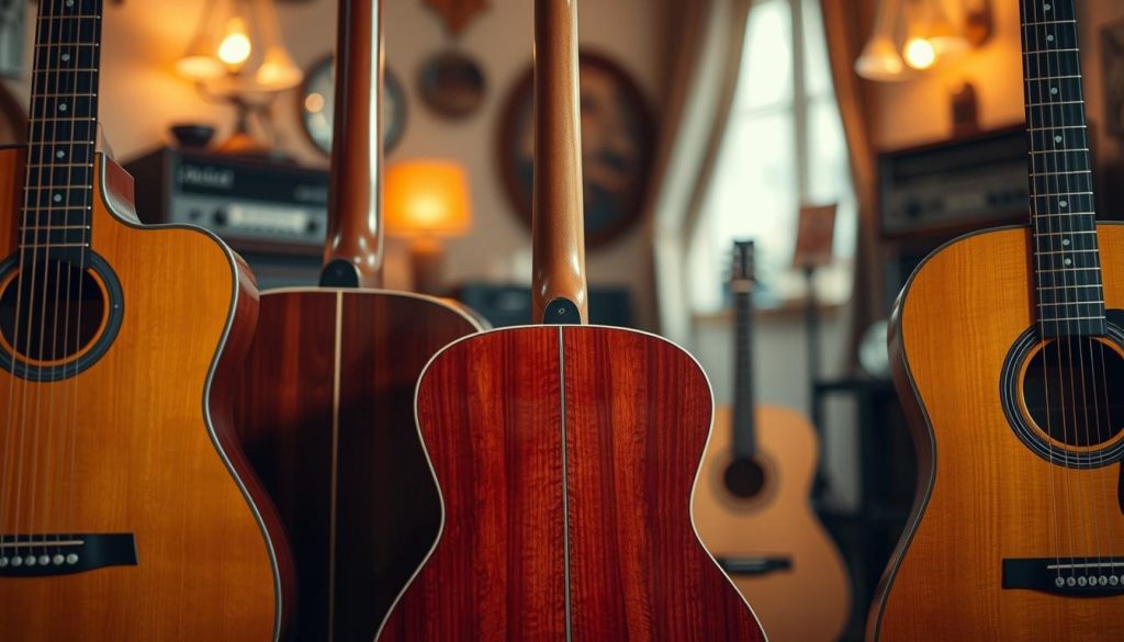 A detailed view of various acoustic guitar body shapes, showcasing their unique contours and characteristics. In the foreground, highlight three different guitar forms, including a dreadnought, a concert, and a classical guitar, each beautifully crafted with rich wood textures and intricate inlays. The middle ground features a softly blurred backdrop of a cozy music studio, adorned with warm lighting from vintage lamps, creating an inviting atmosphere. Employ a shallow depth of field to emphasize the guitars while subtly fading the background. Capture the scene from a slightly elevated angle, providing a comprehensive view of the guitars and their distinct body shapes. Evoke a sense of warmth and inspiration, emphasizing the artistry and craftsmanship of acoustic guitars.
