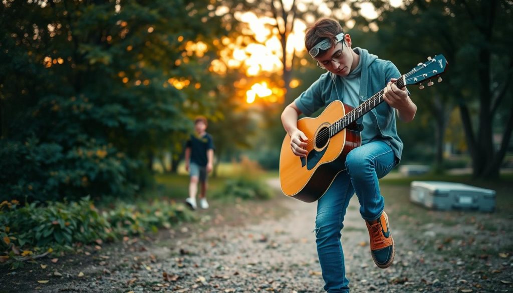 A serene outdoor setting showcasing a folk guitarist immersing in modern percussive sounds. In the foreground, a young person with casual yet fashionable attire strums a beautifully crafted acoustic guitar, fingers dancing over the strings while tapping rhythms with their foot. The middle ground features vibrant foliage and warm sunlight filtering through the trees, creating a cozy, inviting atmosphere. In the background, a hint of a twilight sky adds a soft gradient of oranges and purples, signaling the end of a day. The focus is on capturing the energy of the moment, highlighting the connection between music and nature. The overall mood is lively yet relaxed, celebrating the beauty of folk music's percussive tones. A serene outdoor setting showcasing a folk guitarist immersing in modern percussive sounds. In the foreground, a young person with casual yet fashionable attire strums a beautifully crafted acoustic guitar, fingers dancing over the strings while tapping rhythms with their foot. The middle ground features vibrant foliage and warm sunlight filtering through the trees, creating a cozy, inviting atmosphere. In the background, a hint of a twilight sky adds a soft gradient of oranges and purples, signaling the end of a day. The focus is on capturing the energy of the moment, highlighting the connection between music and nature. The overall mood is lively yet relaxed, celebrating the beauty of folk music's percussive tones.