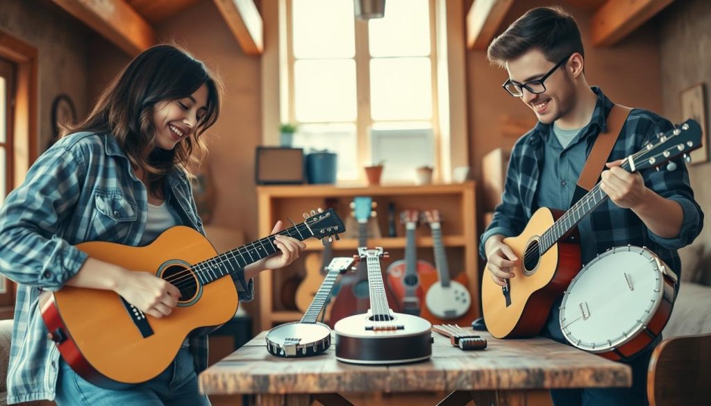 A visually engaging scene featuring two musicians in a cozy, well-lit room, exploring choices for musical instruments reflecting different styles. In the foreground, a young woman in casual attire is strumming a classic guitar, showing a look of concentration and joy. Beside her, a young man in smart casual wear examines an acoustic folk guitar with intrigue. In the middle space, an array of instruments including banjos and ukuleles is displayed on a rustic wooden table, hinting at various styles. The background features warm wooden beams and soft natural light pouring in from a window, creating an inviting atmosphere. The overall mood is creative and collaborative, capturing the essence of selecting an instrument based on musical style.