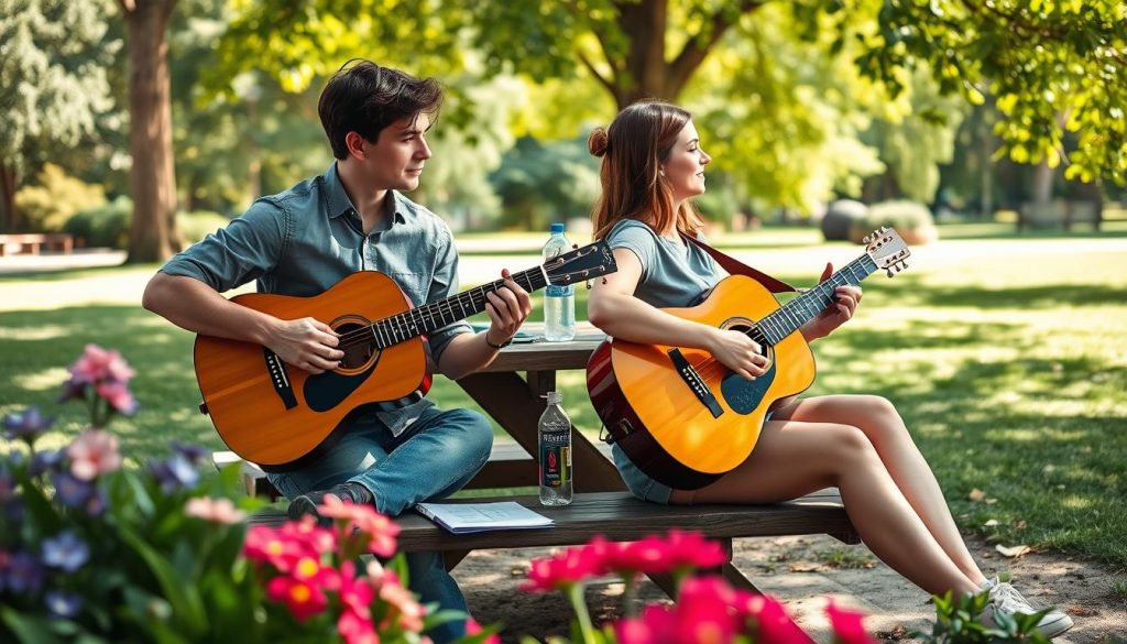 A young adult male and female musician sitting outdoors on a warm, sunny day, each holding a folk guitar, demonstrating proper playing posture. The male musician is wearing a casual button-up shirt and jeans, while the female musician is dressed in a modest tee and comfortable shorts. Their backs are straight, feet firmly planted, and guitars resting comfortably on their thighs, showcasing an ideal posture for beginners. In the foreground, lush greenery and colorful flowers provide a vibrant setting. The middle ground features a wooden picnic table with accessories like a music notebook and a water bottle. The background depicts a serene park scene, with soft dappled sunlight filtering through the leaves, creating a warm and inviting atmosphere, shot with a wide-angle lens to capture the full view and provide a sense of space. A young adult male and female musician sitting outdoors on a warm, sunny day, each holding a folk guitar, demonstrating proper playing posture. The male musician is wearing a casual button-up shirt and jeans, while the female musician is dressed in a modest tee and comfortable shorts. Their backs are straight, feet firmly planted, and guitars resting comfortably on their thighs, showcasing an ideal posture for beginners. In the foreground, lush greenery and colorful flowers provide a vibrant setting. The middle ground features a wooden picnic table with accessories like a music notebook and a water bottle. The background depicts a serene park scene, with soft dappled sunlight filtering through the leaves, creating a warm and inviting atmosphere, shot with a wide-angle lens to capture the full view and provide a sense of space.