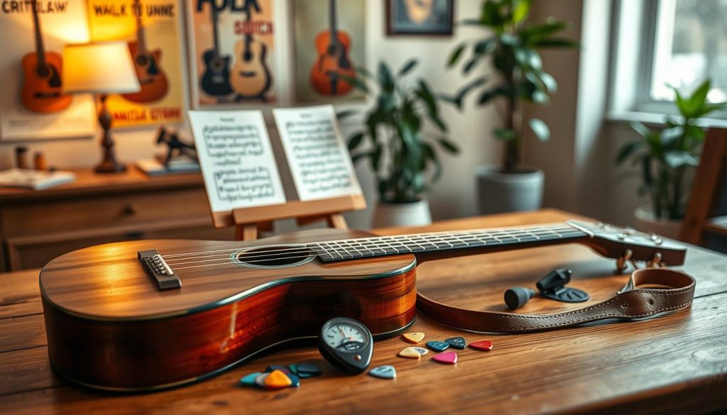 A beautifully arranged display of essential folk guitar accessories on a wooden table. In the foreground, showcase a traditional acoustic guitar with a gentle shine, its polished body reflecting soft natural light. Surrounding the guitar, include a colorful selection of picks, a sturdy leather strap, a metronome, and a capo. In the middle ground, set a finely crafted wooden music stand holding sheet music featuring folk tunes. The background should feature a cozy room with warm lighting, vintage guitar posters on the walls, and a plant in a corner, creating an inviting atmosphere. Use a shallow depth of field to keep the focus on the guitar and accessories, with soft, diffused lighting to enhance the sense of warmth and creativity. A beautifully arranged display of essential folk guitar accessories on a wooden table. In the foreground, showcase a traditional acoustic guitar with a gentle shine, its polished body reflecting soft natural light. Surrounding the guitar, include a colorful selection of picks, a sturdy leather strap, a metronome, and a capo. In the middle ground, set a finely crafted wooden music stand holding sheet music featuring folk tunes. The background should feature a cozy room with warm lighting, vintage guitar posters on the walls, and a plant in a corner, creating an inviting atmosphere. Use a shallow depth of field to keep the focus on the guitar and accessories, with soft, diffused lighting to enhance the sense of warmth and creativity.