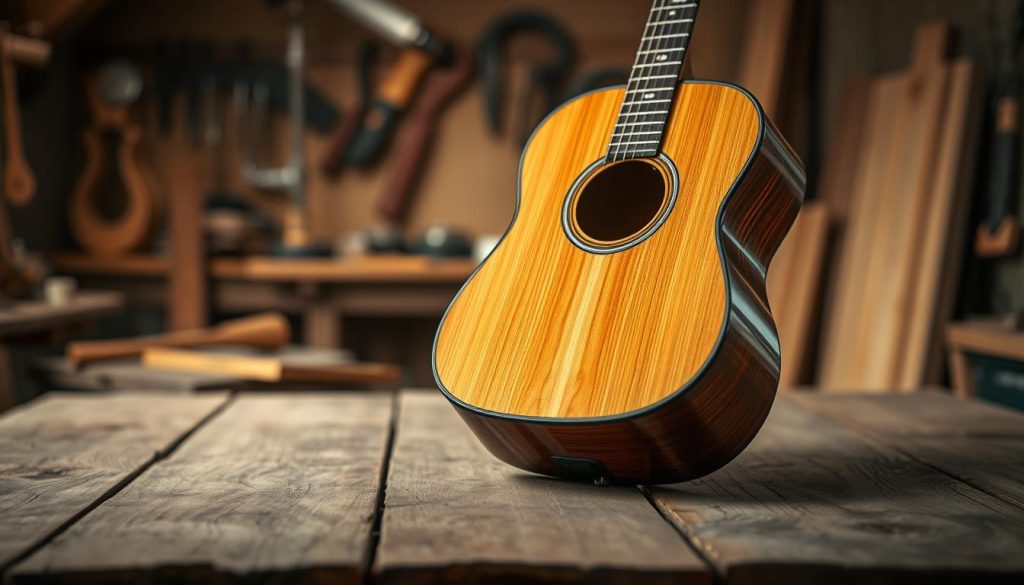A beautifully crafted acoustic guitar made from spruce and cedar sits prominently on a rustic wooden table, showcasing the unique grain patterns and rich colors of the wood. In the foreground, focus on the intricate details of the guitar's body and soundhole, highlighting the craftsmanship. The middle ground features soft, diffused lighting that creates a warm atmosphere, accentuated by gentle shadows. In the background, hints of a cozy workshop can be seen, with tools and wood planks subtly out of focus, suggesting the artistry involved in guitar making. The mood is inviting and serene, evoking a sense of connection to nature and the instrument's acoustic qualities. Use a shallow depth of field to draw attention to the guitar while blurring the background, creating a soft bokeh effect. A beautifully crafted acoustic guitar made from spruce and cedar sits prominently on a rustic wooden table, showcasing the unique grain patterns and rich colors of the wood. In the foreground, focus on the intricate details of the guitar's body and soundhole, highlighting the craftsmanship. The middle ground features soft, diffused lighting that creates a warm atmosphere, accentuated by gentle shadows. In the background, hints of a cozy workshop can be seen, with tools and wood planks subtly out of focus, suggesting the artistry involved in guitar making. The mood is inviting and serene, evoking a sense of connection to nature and the instrument's acoustic qualities. Use a shallow depth of field to draw attention to the guitar while blurring the background, creating a soft bokeh effect.