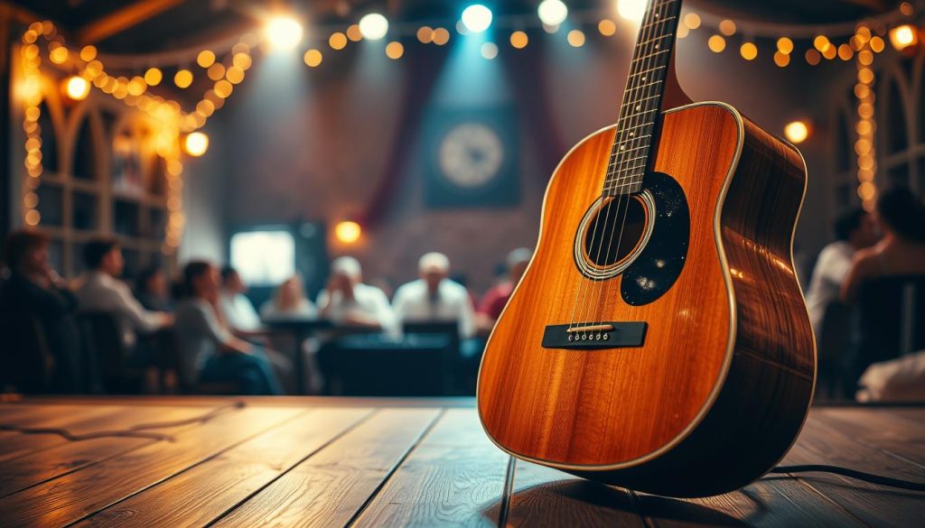 A beautifully crafted electro-acoustic folk guitar is the focal point of the image, positioned prominently in the foreground on a wooden stage. The guitar features intricate wood grain and glossy finish, reflecting ambient stage lighting. In the middle ground, a softly blurred audience is visible, creating a sense of intimacy and connection. The background showcases a cozy, dimly lit music venue, with warm fairy lights adding a welcoming glow. Soft rays of light highlight the guitar, setting a relaxed yet inspiring mood, capturing the essence of live acoustic performances. The shot is taken from a low angle to emphasize the guitar's elegance, creating a professional and inviting atmosphere, perfect for illustrating the appeal of electro-acoustic guitars.