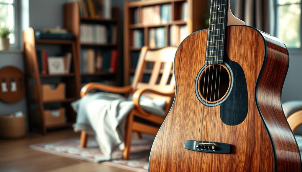 A beautifully crafted electro-acoustic guitar, prominently displayed in the foreground, showcasing its polished wooden body and intricate sound hole design. The guitar should have a subtle sheen, reflecting soft, warm lighting that highlights its natural grain. In the middle ground, include a cozy, inviting room with a wooden chair and soft textiles, evoking a relaxed atmosphere suitable for music-making. The background should have a blurred bookshelf filled with music books and a window letting in gentle daylight, enhancing the serene mood. Utilize a shallow depth of field to keep the focus on the guitar, capturing its elegance and inviting a sense of creativity and inspiration for aspiring musicians. A beautifully crafted electro-acoustic guitar, prominently displayed in the foreground, showcasing its polished wooden body and intricate sound hole design. The guitar should have a subtle sheen, reflecting soft, warm lighting that highlights its natural grain. In the middle ground, include a cozy, inviting room with a wooden chair and soft textiles, evoking a relaxed atmosphere suitable for music-making. The background should have a blurred bookshelf filled with music books and a window letting in gentle daylight, enhancing the serene mood. Utilize a shallow depth of field to keep the focus on the guitar, capturing its elegance and inviting a sense of creativity and inspiration for aspiring musicians.