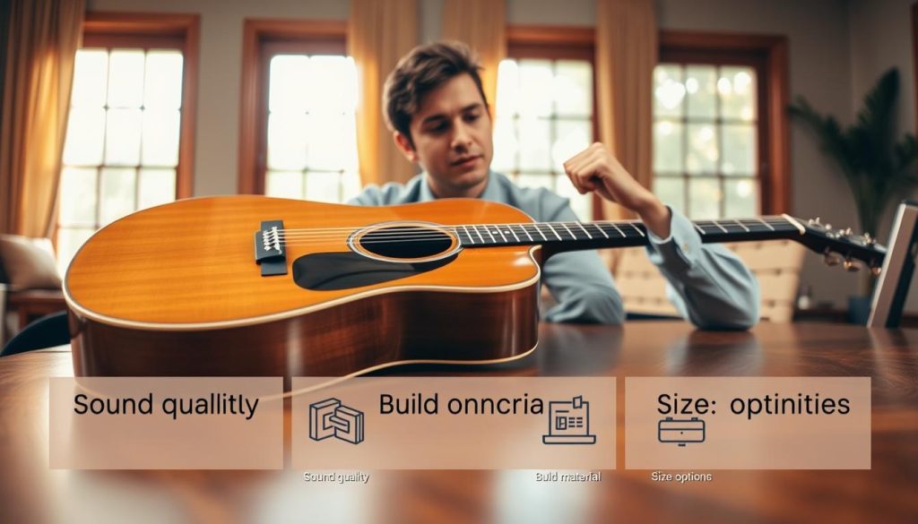 A close-up view of a beautifully crafted electro-acoustic guitar resting on a polished wooden table, surrounded by essential criteria for choosing one. In the foreground, display a selection of key attributes: sound quality, build material, and size options, depicted through layered illustrations or icons. The background features a warm, inviting room with soft natural lighting filtering through large windows, enhancing the cozy atmosphere. A person, dressed in modest casual attire, is thoughtfully examining the guitar, displaying an expression of contemplation. The angle is slightly tilted, capturing both the guitar’s details and the human interaction, suggesting a moment of decision-making. The overall mood is serene and focused, encouraging viewers to engage with the content of the image. A close-up view of a beautifully crafted electro-acoustic guitar resting on a polished wooden table, surrounded by essential criteria for choosing one. In the foreground, display a selection of key attributes: sound quality, build material, and size options, depicted through layered illustrations or icons. The background features a warm, inviting room with soft natural lighting filtering through large windows, enhancing the cozy atmosphere. A person, dressed in modest casual attire, is thoughtfully examining the guitar, displaying an expression of contemplation. The angle is slightly tilted, capturing both the guitar’s details and the human interaction, suggesting a moment of decision-making. The overall mood is serene and focused, encouraging viewers to engage with the content of the image.
