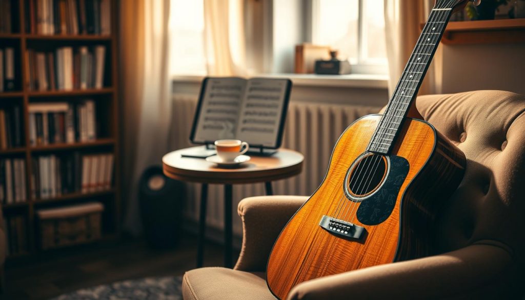 A cozy room illuminated by warm, soft lighting, featuring a comfortable seating area with an inviting acoustic folk guitar resting on a plush armchair. In the foreground, the guitar's wooden texture and intricate craftsmanship are highlighted, showcasing its rich tones and classic design. In the middle, a small wooden table holds a music stand with beginner guitar sheets and a steaming cup of tea, enhancing the inviting atmosphere. The background includes a bookshelf filled with music books and a window with gentle sunlight streaming in, giving a sense of tranquility. The overall mood is serene and inspiring, perfect for fostering a relaxing, creative musical experience for beginner guitar players. A cozy room illuminated by warm, soft lighting, featuring a comfortable seating area with an inviting acoustic folk guitar resting on a plush armchair. In the foreground, the guitar's wooden texture and intricate craftsmanship are highlighted, showcasing its rich tones and classic design. In the middle, a small wooden table holds a music stand with beginner guitar sheets and a steaming cup of tea, enhancing the inviting atmosphere. The background includes a bookshelf filled with music books and a window with gentle sunlight streaming in, giving a sense of tranquility. The overall mood is serene and inspiring, perfect for fostering a relaxing, creative musical experience for beginner guitar players.
