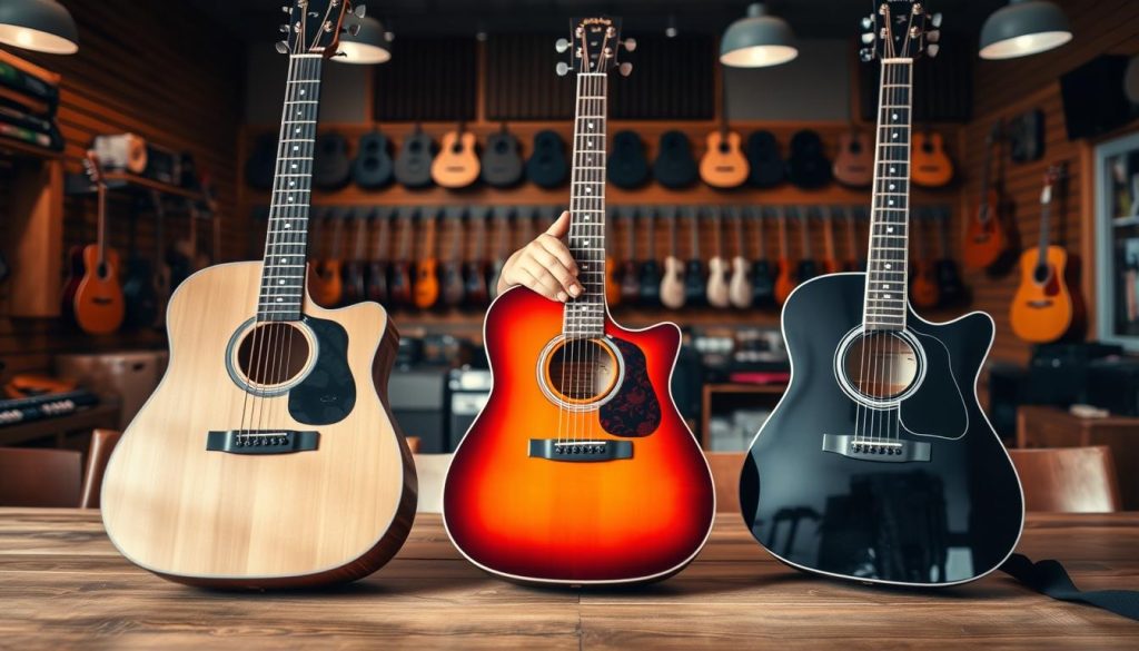 A detailed scene showcasing a variety of electro-acoustic guitars arranged by price, creating a visual guide for budget selection. In the foreground, three distinctive guitars of different price ranges are prominently displayed on a wooden table, featuring varied finishes such as natural wood, sunburst, and black. In the middle ground, soft lighting casts gentle shadows, highlighting the guitars’ shapes and textures, while a hand reaches out to touch the mid-range model. The background is a warm, cozy music shop filled with accessories like picks and straps, with acoustic panels subtly enhancing the atmosphere. The overall mood is inviting and informative, emphasizing a careful selection process for instruments that cater to different budgets. The composition should be captured from a slightly elevated angle, enhancing depth and perspective, with a focus on clarity and detail. A detailed scene showcasing a variety of electro-acoustic guitars arranged by price, creating a visual guide for budget selection. In the foreground, three distinctive guitars of different price ranges are prominently displayed on a wooden table, featuring varied finishes such as natural wood, sunburst, and black. In the middle ground, soft lighting casts gentle shadows, highlighting the guitars’ shapes and textures, while a hand reaches out to touch the mid-range model. The background is a warm, cozy music shop filled with accessories like picks and straps, with acoustic panels subtly enhancing the atmosphere. The overall mood is inviting and informative, emphasizing a careful selection process for instruments that cater to different budgets. The composition should be captured from a slightly elevated angle, enhancing depth and perspective, with a focus on clarity and detail.