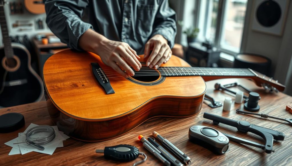 A well-organized workspace featuring a folk acoustic guitar resting on a wooden table, surrounded by maintenance tools such as strings, cleaners, and a tuning device. In the foreground, a pair of hands, dressed in a modest casual shirt, carefully changing the guitar strings, demonstrating proper handling techniques. The middle ground includes soft, diffused natural light coming through a window, highlighting the textural details of the guitar's wood grain and the sheen of metal tools. The background showcases a cozy room with music-themed decor, evoking a warm, inviting atmosphere. The composition should focus on creating a sense of care and attention, ideal for illustrating sustainable maintenance practices for musical instruments.