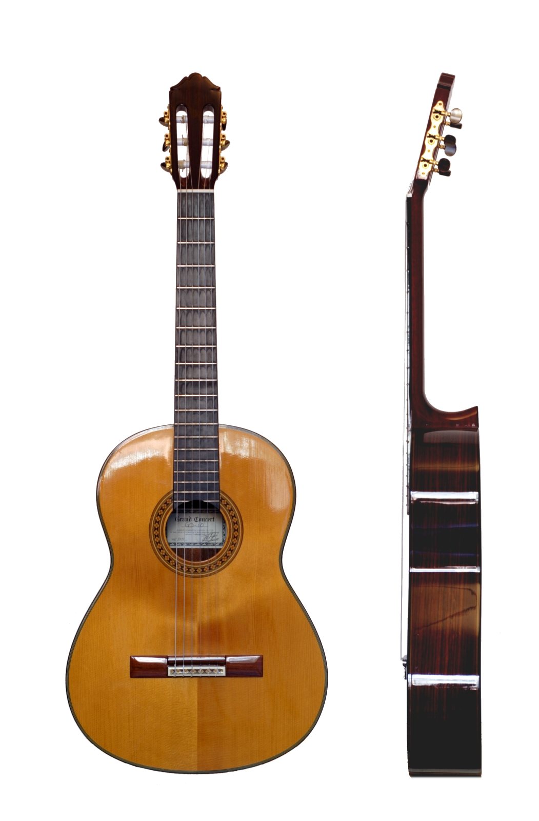 Image de guitare acoustique Guitare classique montrée de face et de profil sur fond blanc