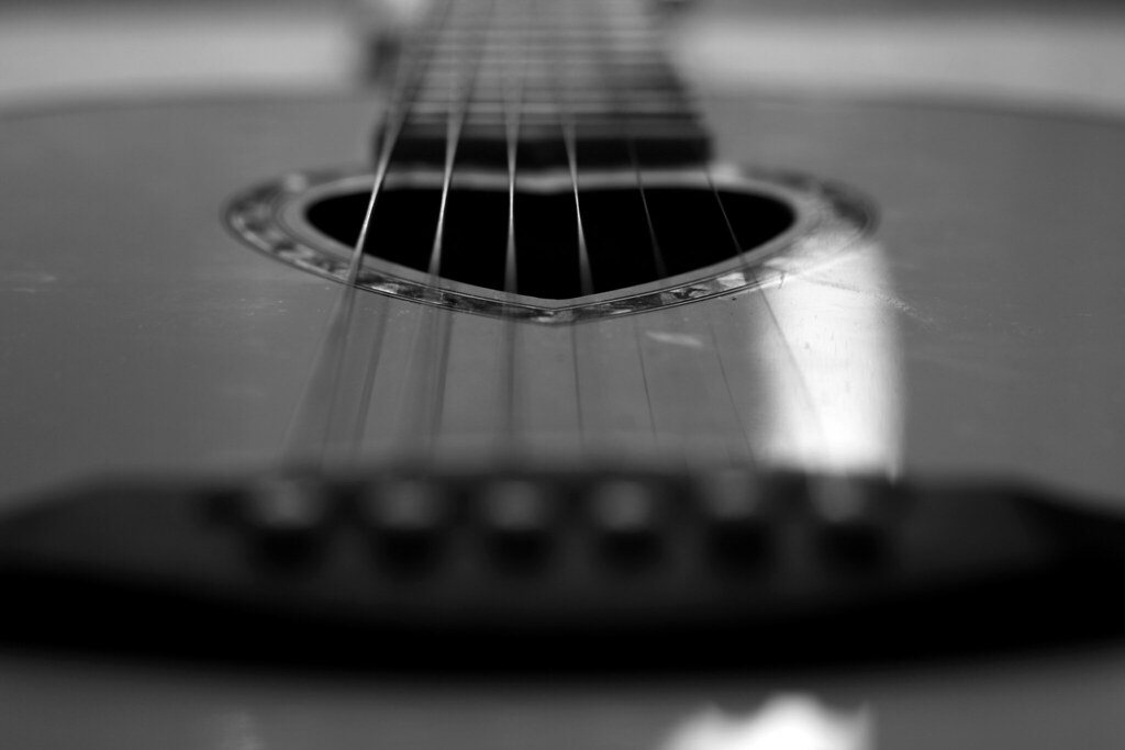 Acoustic guitar image close-up of a guitar electric black with micros and vibrato