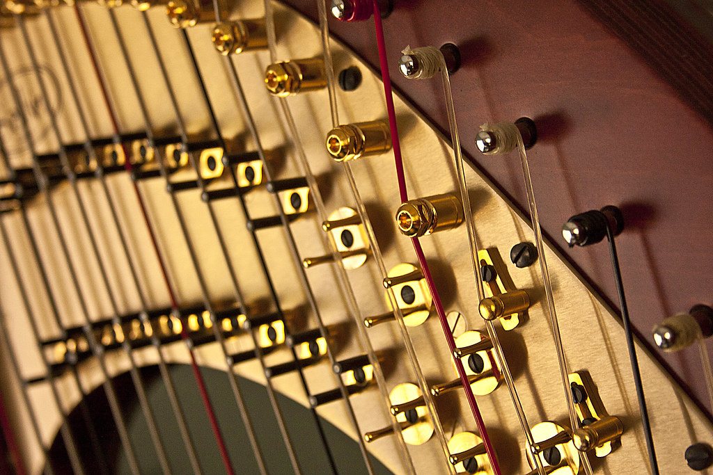 Acoustic guitar image close-up on strings and chevilles dorées of a harpe