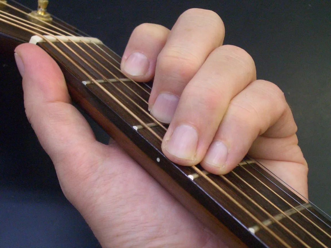 Main sur manche de guitare acoustique Main sur manche de guitare acoustique